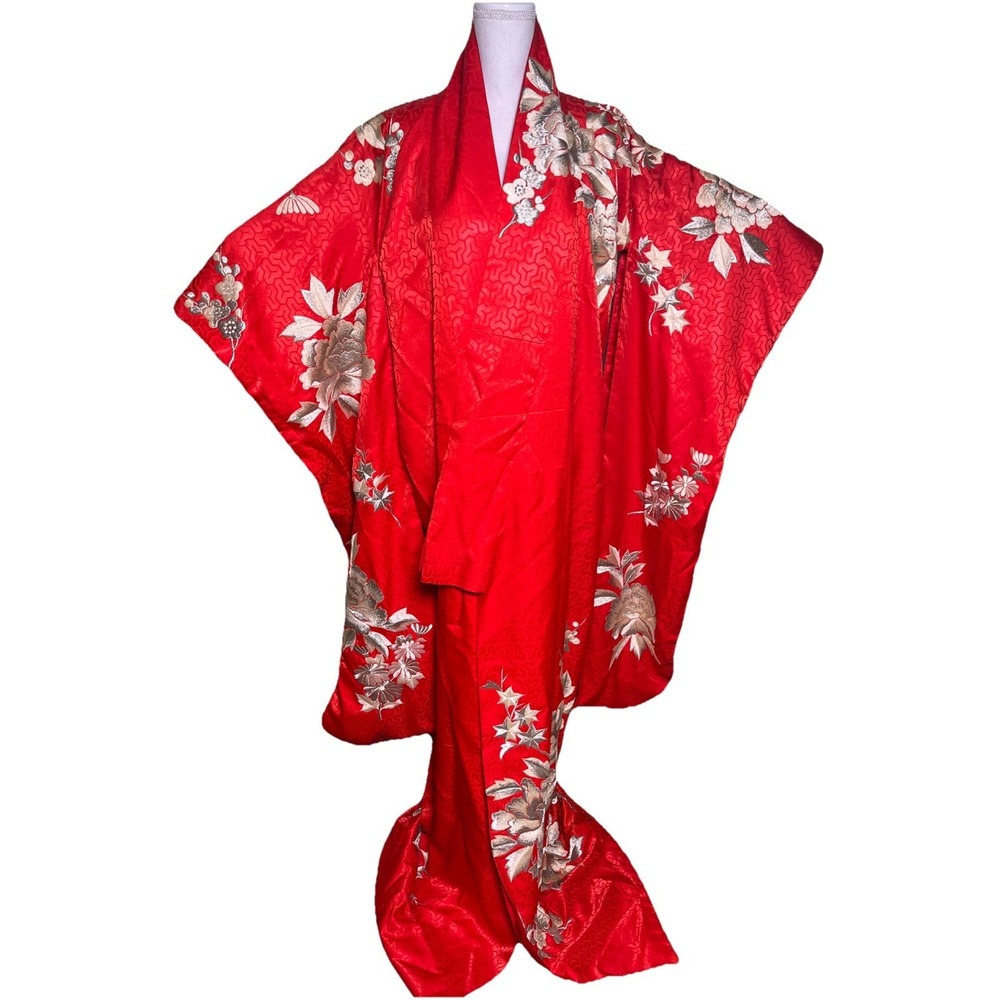 Japanese Vintage Red Gold Floral Kimono Furisode‎ Wedding